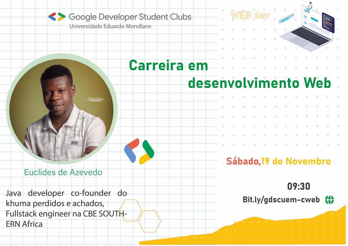 Hello Malta!
O orador desta sessão será o Euclides de Azevedo, Java developer, co-founder do Khuma perdidos e achados, Fullstack engineer na CBE Southern Africa.
O nosso encontro será no Sábado dia 19 de Novembro   as 09:30.
Registe-se através do link:
Bit.ly/gdscuem-cweb