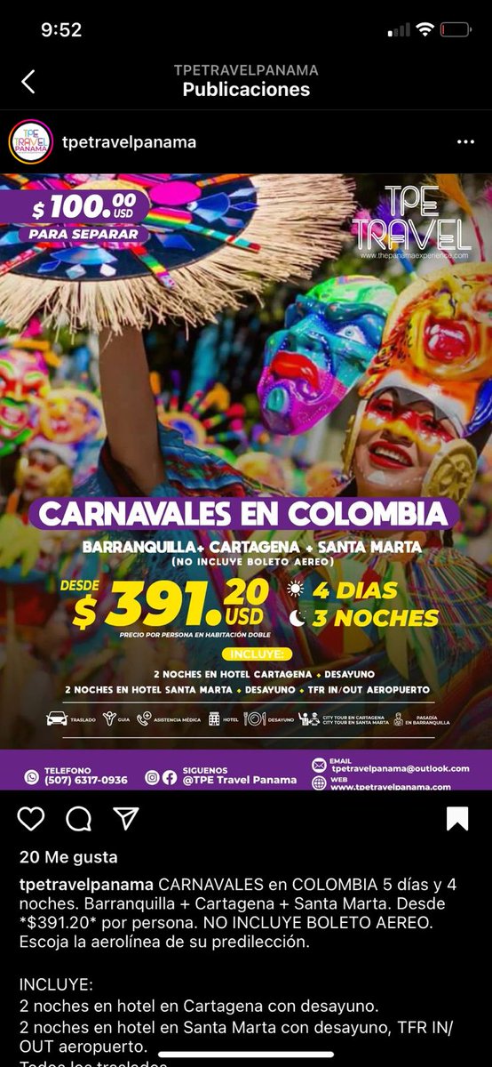 CARNAVALES en COLOMBIA 5 días y 4 noches. Barranquilla + Cartagena + Santa Marta. Desde *$391.20* por persona. NO INCLUYE BOLETO AEREO. Escoja la aerolínea de su predilección.

Contáctanos al 63170936 o click al link de nuestro perfil ✅
Info@tpetravelpanama.com
