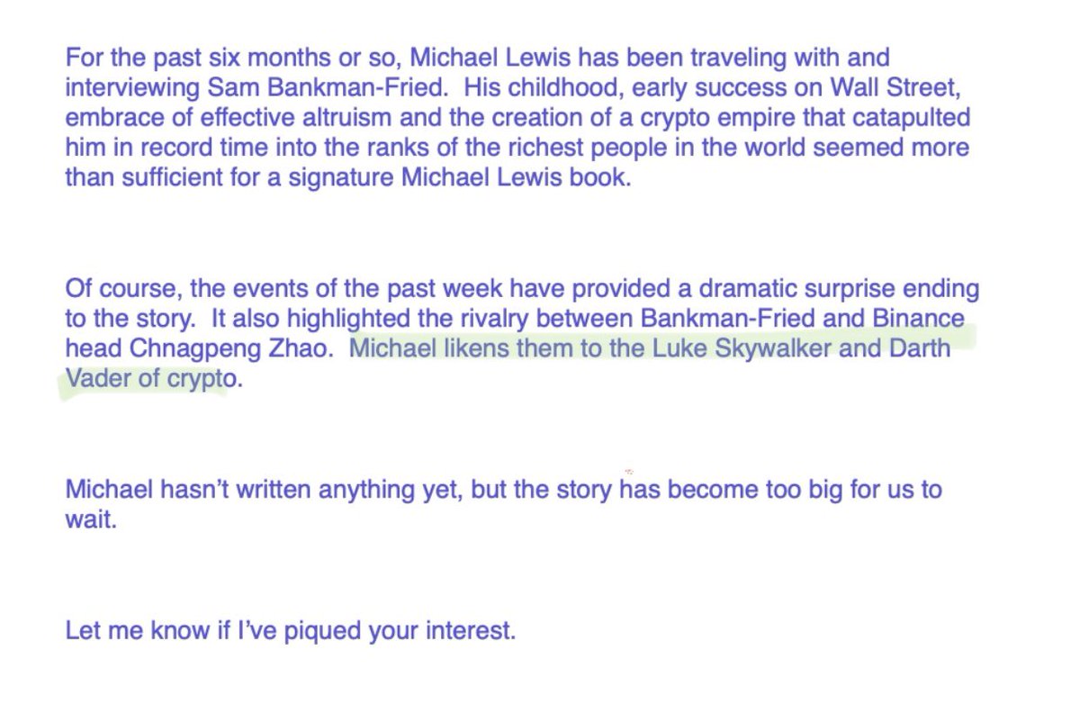 Michael Lewis has been following SBF for the past 6 months. His CAA agent  just sent an email to potential buyers. No words have been written but Lewis  likens SBF and CZ