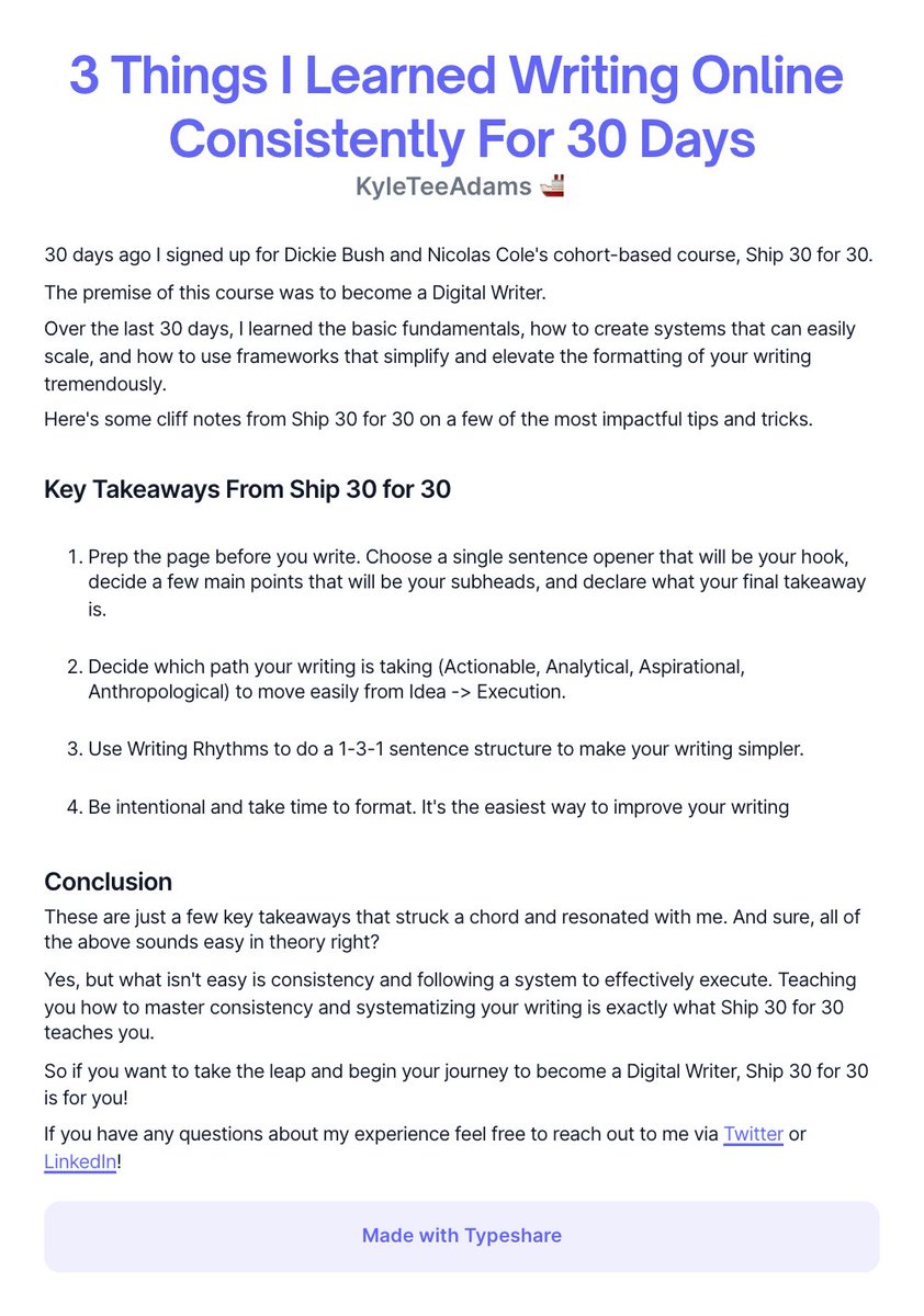 KyleTeeAdams's tweet photo. 30 days ago I signed up for @dickiebush and @Nicolascole77 cohort-based course, @ship30for30. 

Here's my key takeaways and why I highly recommend anyone interesting in Digital Writing should take this journey!

#ship30for30 https://t.co/bqsuMnzc7R
