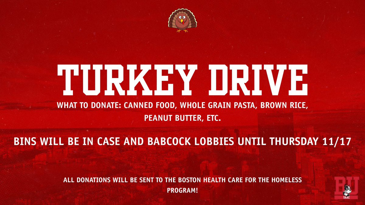 SAACBU's tweet photo. Get ready to donate this Thanksgiving season 🦃🍁🍂 Look out for the bins in Case and Babcock this week! All donations will be sent to the Boston Health Care for the Homeless Program. #GoBU #PatriotSAAC https://t.co/iua7zyukME