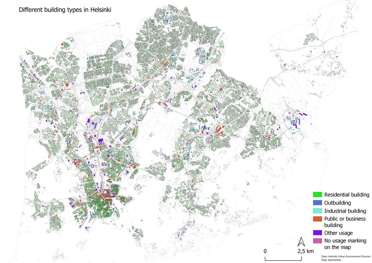 Oula Inkeröinen (@polarboe) on Twitter photo #30DayMapChallenge Day 13: 5 minute map
A quick map about different building types in Helsinki, categorized with the first random colours that #QGIS offered.
Data from <a href="/HelsinkiKymp/">Kaupunkiympäristö</a>. #30DayMapChallenge Day 13: 5 minute map
A quick map about different building types in Helsinki, categorized with the first random colours that #QGIS offered.
Data from <a href="/HelsinkiKymp/">Kaupunkiympäristö</a>.