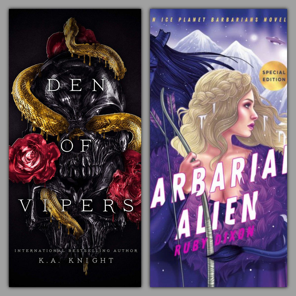 ThSpicyLibrary's tweet photo. Next week Reviews 💋 Fire, Ice and everything nice ❣️ link in bio. Sign up to stay up to date with the latest spicy reviews.
#kaknight #denofvipers #rubydixon #iceplanetbarbarians #alienromance #alienromancebooks #darkromance #spicy #cliterature #sexy #romance #BookReview #bdsm https://t.co/Z7EZN6EdhB