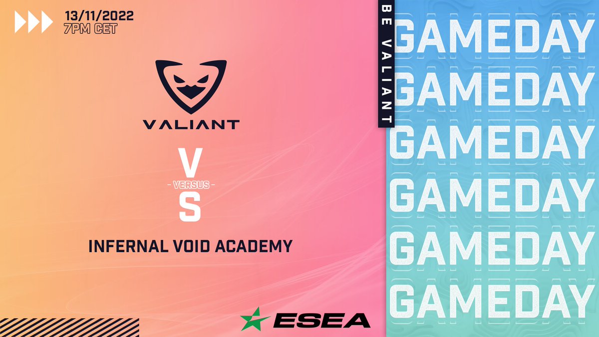 [#CSGO - #INT]

Hello everyone,

it's time for another <a href="/ESEA/">ESEA League</a> match. Unfortunately, we need to play with a stand in, but we give our best.🫡 

🆚 <a href="/InfernalVoid_IV/">Infernal Void</a> Academy
⏰ 7pm CET
🗺️ Ancient

stay tuned and #beVALIANT