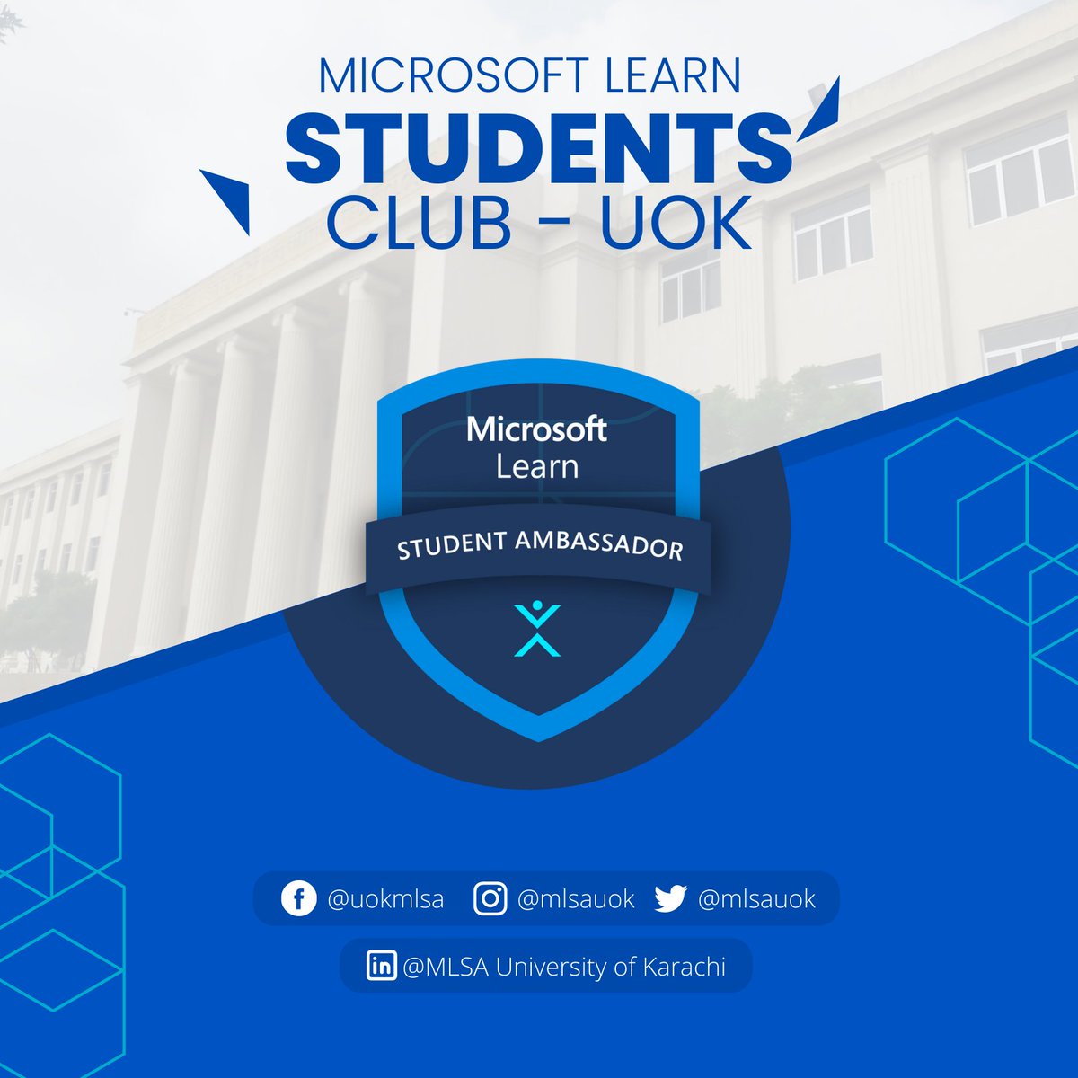 mlsauok's tweet photo. Introducing Microsoft Learn Student Club, University of Karachi chapter. MLSA is a community for students from any academic background in their undergraduate and graduate term.
#BeAForceForGood #MLSA #MicrosoftLearn https://t.co/WrinFllT32
