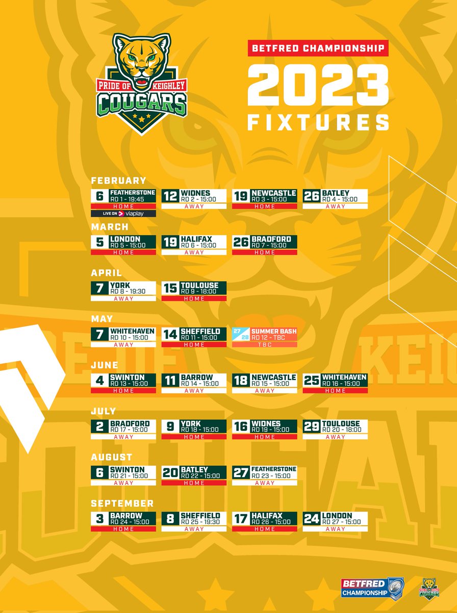 📄 Keighley Cougars can today reveal our full 2023 Betfred Championship fixture list ahead of the new season.

🏉 We begin the season at home to <a href="/FevRoversRLFC/">Featherstone Rovers</a> and finish the campaign away at <a href="/LondonBroncosRL/">London Broncos</a>.

Read ➡️ keighleycougars.uk/2023-fixtures

#JoinThePride