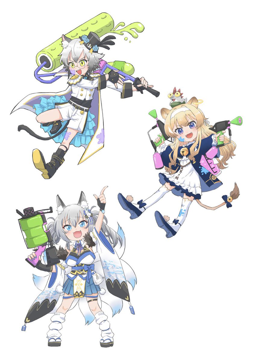 animal ears multiple girls blue eyes blonde hair grey hair tail japanese clothes  illustration images