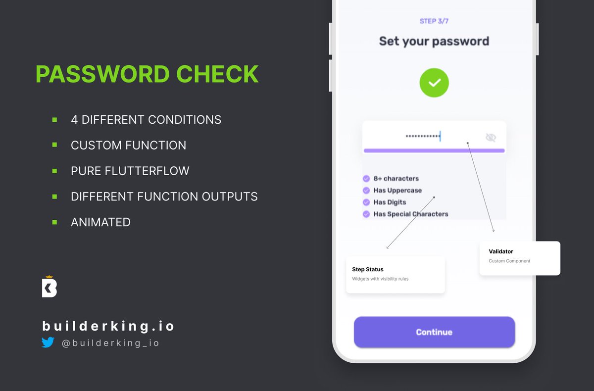 builderking_io's tweet image. To @flutterflow community:
Password validation page with animation in real time
Market place: app.flutterflow.io/marketplace/it…
Stay tuned for more amazing templates. Check our website: builderking.io
#flutterflow #flutterflowtips #nocode