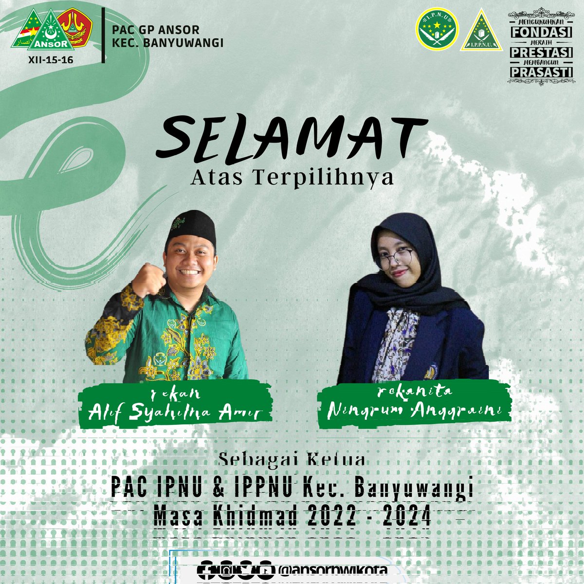 ansorbwikota's tweet photo. Selamat kepada rekan Alif Syahilna Amir &amp; rekanita Ningrum Anggraini atas terpilihnya sebagai ketua PAC IPNU - IPPNU Kec. Banyuwangi masa khidmat 2022 - 2024.

《Media Resmi PAC GP Ansor Banyuwangi》
Instagram: ansorbwikota
Twitter: ansorbwikota
Facebook: GP ANSOR Banyuwangi KOTA https://t.co/Hwdo8V9oJc