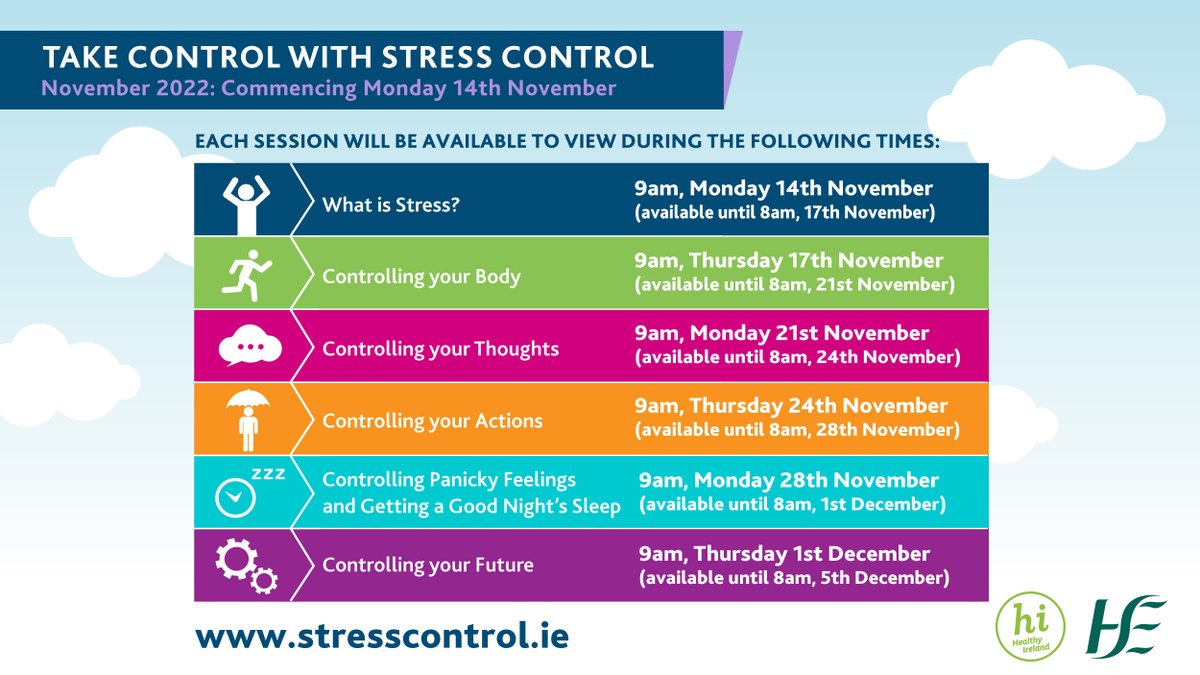 The #StressControlIrl online programme starts again Monday 14th at stresscontrol.ie. Evidenced based support for your #MentalHealth #Anxiety #stressawareness &amp; #stressrelief. Please share with your network and colleagues.