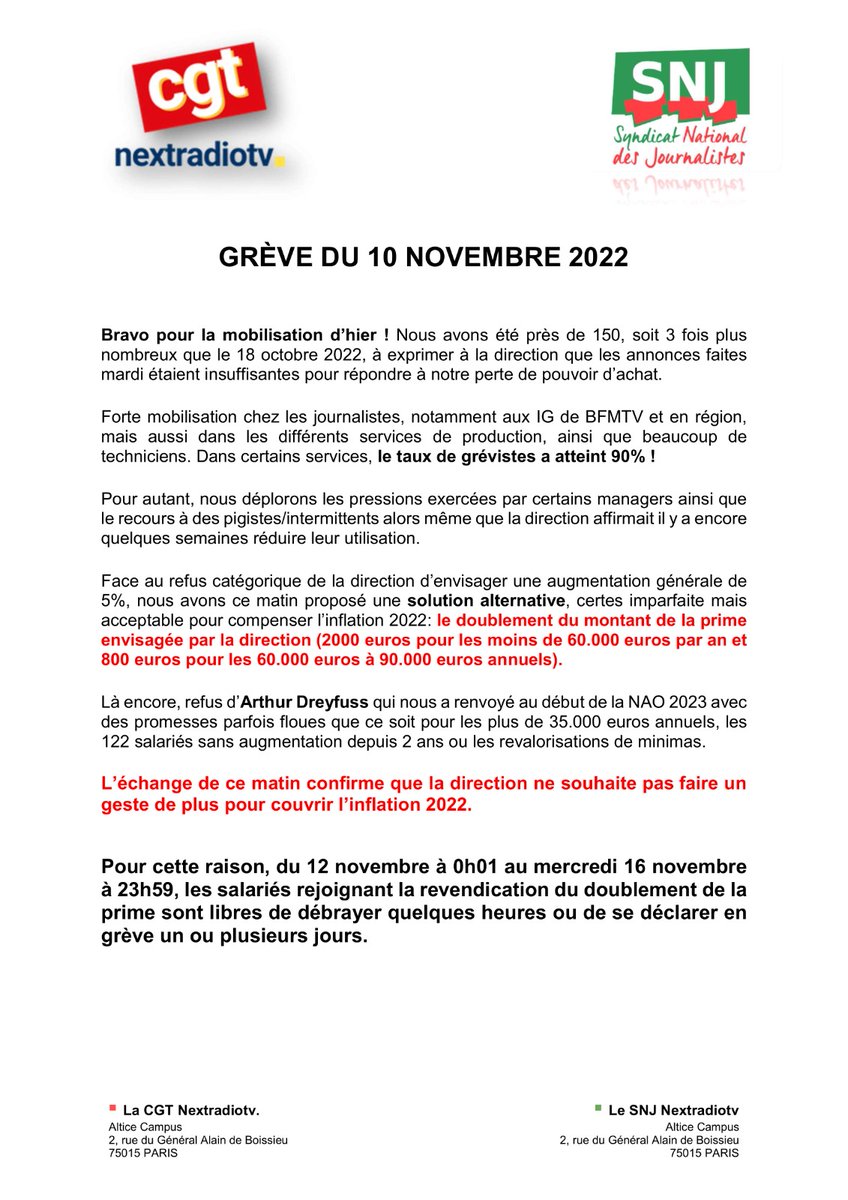 💥💥💥 
#Grève 
Matinale perturbée ce matin sur <a href="/BFMTV/">BFM</a> 
La mobilisation pour le pouvoir d'achat se poursuit à l'appel <a href="/SnjCgt/">SNJ-CGT (rejoignez-nous !)</a> @CGT_NextRadioTV et <a href="/SNJ_national/">SNJ - premier syndicat de journalistes</a> sur l'ensemble du groupe NextRadio-BFM-RMC 
Après la grève bien suivie de jeudi, ça continue jusqu'au 16/11
✊️✊️✊️