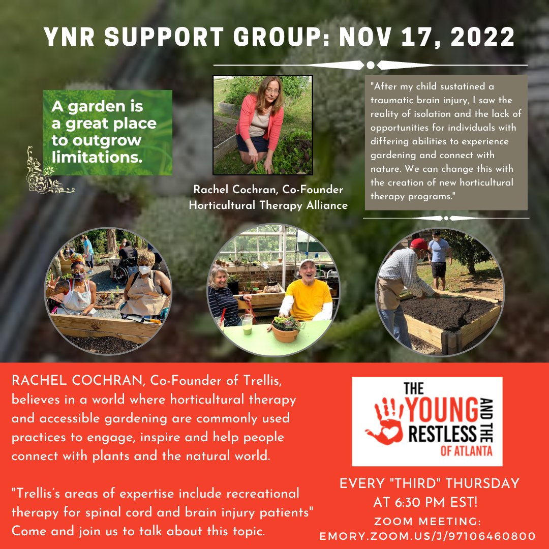 RogerCXO's tweet photo. Welcome to The Young and the Restless of Atlanta – TBI/ABI (STROKE) Support Group

Garden Therapy and purposeful use of plants and gardens to improve health and wellbeing. 

Thursday, Nov 17th @ 6:30pm-8:30pm EST 
Support Group Zoom meeting:
https://t.co/1XsNciWQKF https://t.co/nE058cjjun
