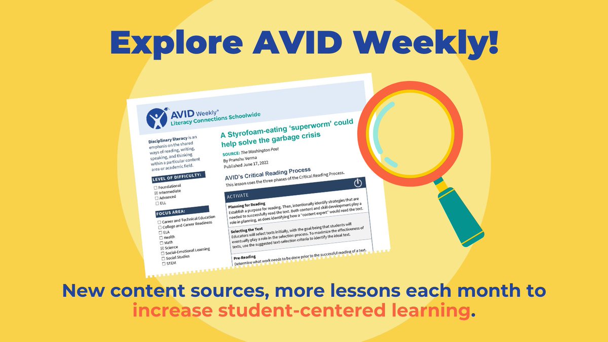 AVID4College's tweet photo. This monthโs #AVIDWeekly readers can learn about whether parental controls on social media help, where @NASA wants the next American to land on the moon, and more! Subscribers can access AVID Weekly via My eLearning โก๏ธ in MyAVID. https://t.co/Y348QrSje1