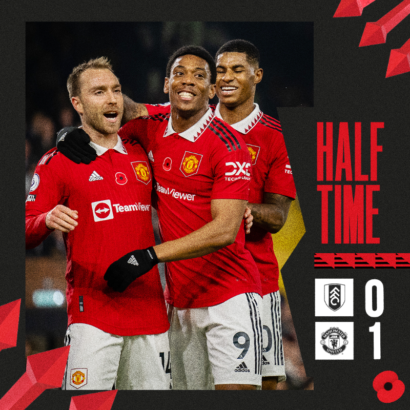 ManUtd's tweet photo. ⏸ @ChrisEriksen8's first goal for the Reds is the difference at the interval!

#MUFC || #FULMUN