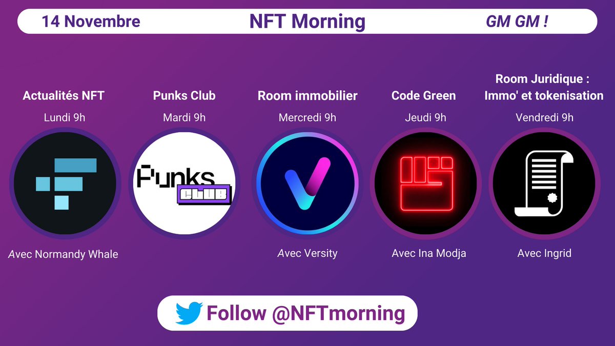 NFTmorning's tweet photo. 📆Programme de la semaine du 14 novembre :

📰Lundi : Actualités (FTX, Twitter, Binance, etc.) avec @NormandyWhale 

🌟Mardi : Nous recevons @punksclub_io 

🏛️Mercredi : Room spécial immobilier avec @HelloVersity, le metaverse des "agences de Papa"

#NFTmorning https://t.co/24He4LVo3O