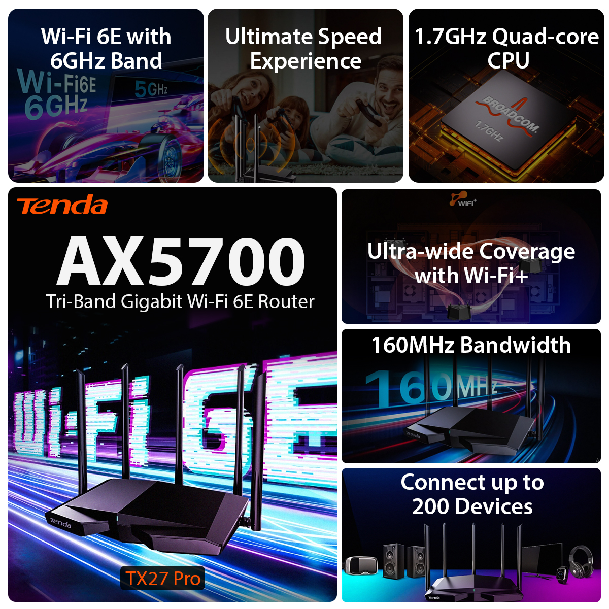 Bringing you the new Wi-Fi 6E with flabergasting features, Tenda TX27 Pro Tri-Band Gigabit AX5700 Wi-Fi 6E Router.

Know more: tendacn.com/product/tx27pr…

#Tenda #TendaUK #WiFi6e #WiFiFun #Fast #Secure #Technology