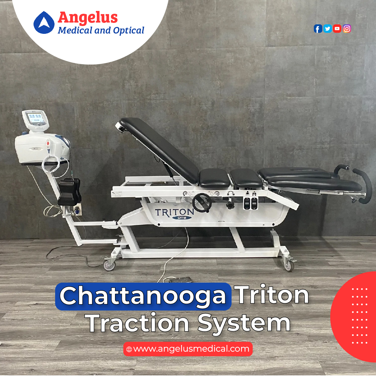 angelus_med's tweet image. The Chattanooga Triton 6M #Tractiontable is made up of six #adjustable sections and utilizes a combination of gas springs and electric power to assist manual adjustment making controlling #table #positioning easy. Learn more at bit.ly/3fwnr4F #refurbishedmedicalequipment