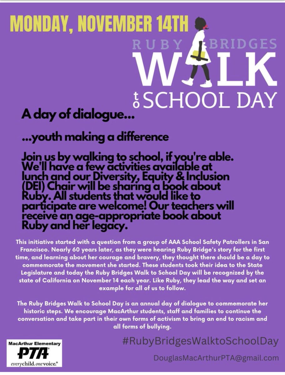 MacArthurLBUSD's tweet photo. Monday, November 14th ~ Ruby Bridges Walk to School Day. We’d like to encourage our students to walk to school to honor the courage and legacy of Ruby Bridges. #macarthurlbusd #macarthurlbusdpta @LBC_PTA @lbcpta https://t.co/ie61cgJMTf