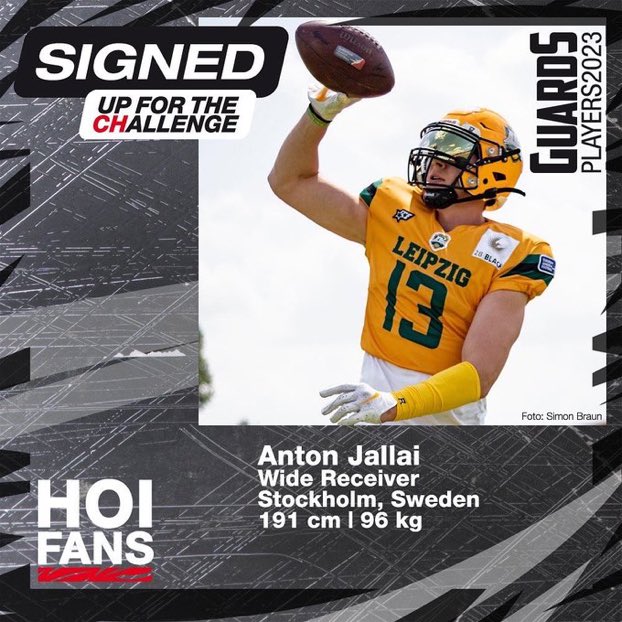The Helvetic Guards have signed Swedish WR Anton Jallai formerly of the Leipzig Kings. 

Jallai won offensive rookie of the year last season with 13 catches, 208 yards, and 3 tds #ELF