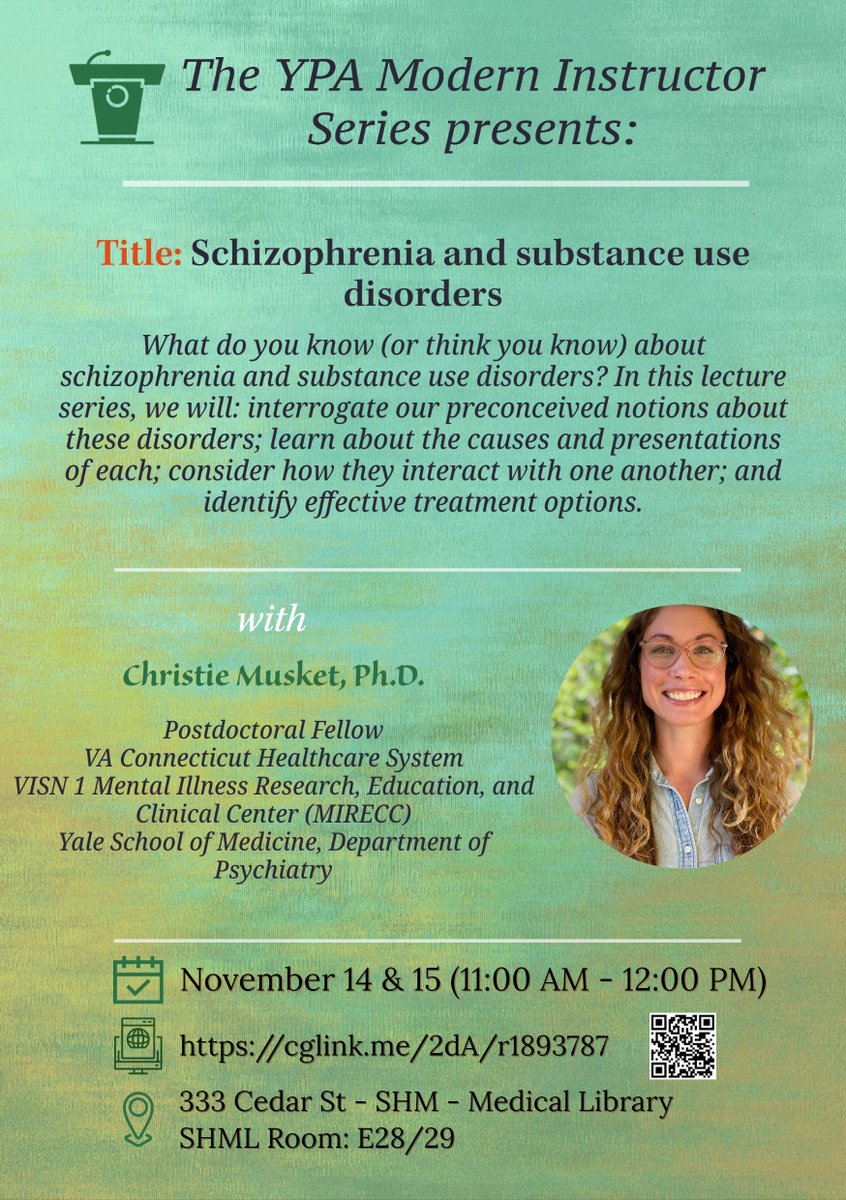 YPA_MI's tweet photo. Tmw/Tues morning from 11AM-12PM, @Cwhitneym will be giving a lecture on Schizophrenia and substance use disorders in SHML E28 (&amp; Zoom). @YalePsych @YalePsychology  Register here: https://t.co/C42yfRT9iF https://t.co/sCWXCmTg1h