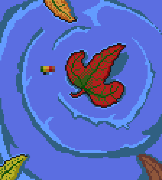 sn1qu3's tweet photo. #leaves on the water with the little reference from my trident maple bonsai. 
First time dithering and making water.

#pixelart #pixel_dailies #aseprite https://t.co/9yuzNTbmMg