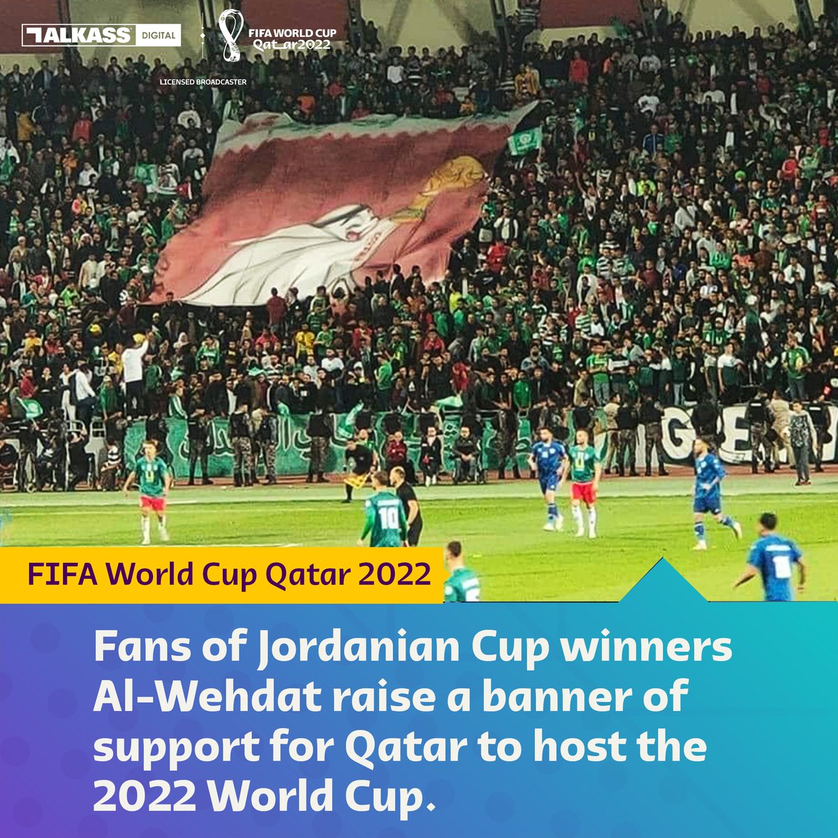 alkassenglish's tweet photo. 🇯🇴Fans of Jordanian Cup winners Al-Wehdat raise a banner of support for Qatar to host the 2022 World Cup. #Qatar2022 #Alwehdat @sc_wehdat @AlWehdat4 @wehdatsupp https://t.co/ygOL7pueQv