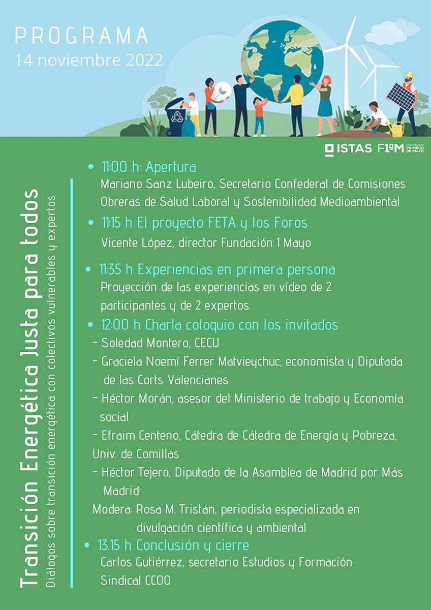 ISTASF1M's tweet photo. MAÑANA👉 Jornada #ProyectoFETA ♻ #TransicionEnergeticaJusta para todos. Diálogo sobre #TransicionEnergetica entre colectivos vulnerables y expertos" 
📅 14  nov.
🕚11h 
📍Sala 13 Rosas, @CCOO
✏ Inscripciones👉 https://t.co/F6qHoQ0y42
Streaming 👉https://t.co/3xpbWfej19 https://t.co/WBbkyWKpHe