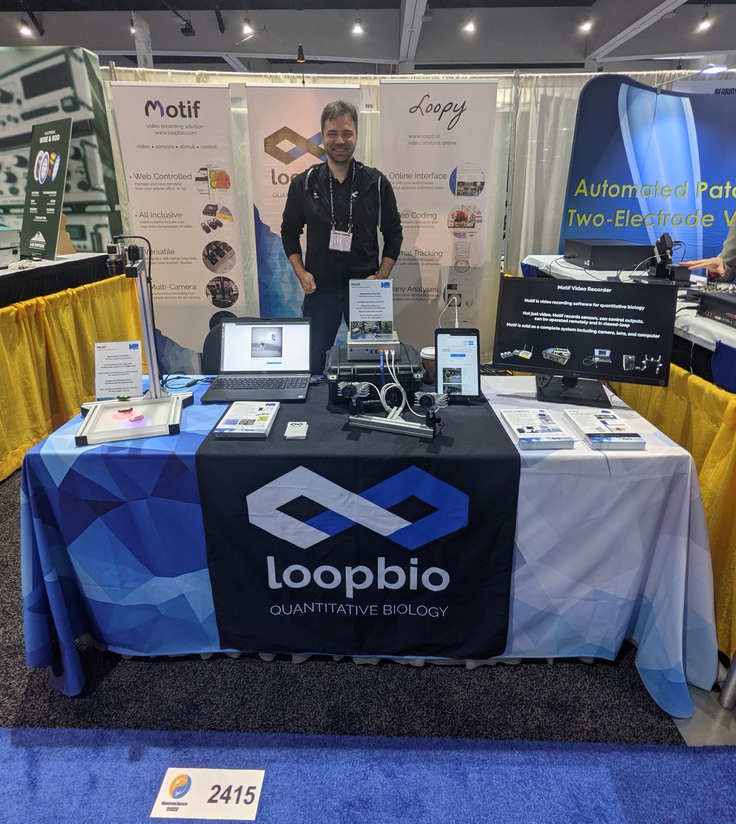 All set up and ready for #SfN22. Come visit us at 2415 to see our Motif loopbio.com/recording/ demos, and to learn about the Kastl C. elegans system loopbio.com/kastl/#kastl-h… and Loopy loopbio.com/loopy/ products for imaging and analysis!