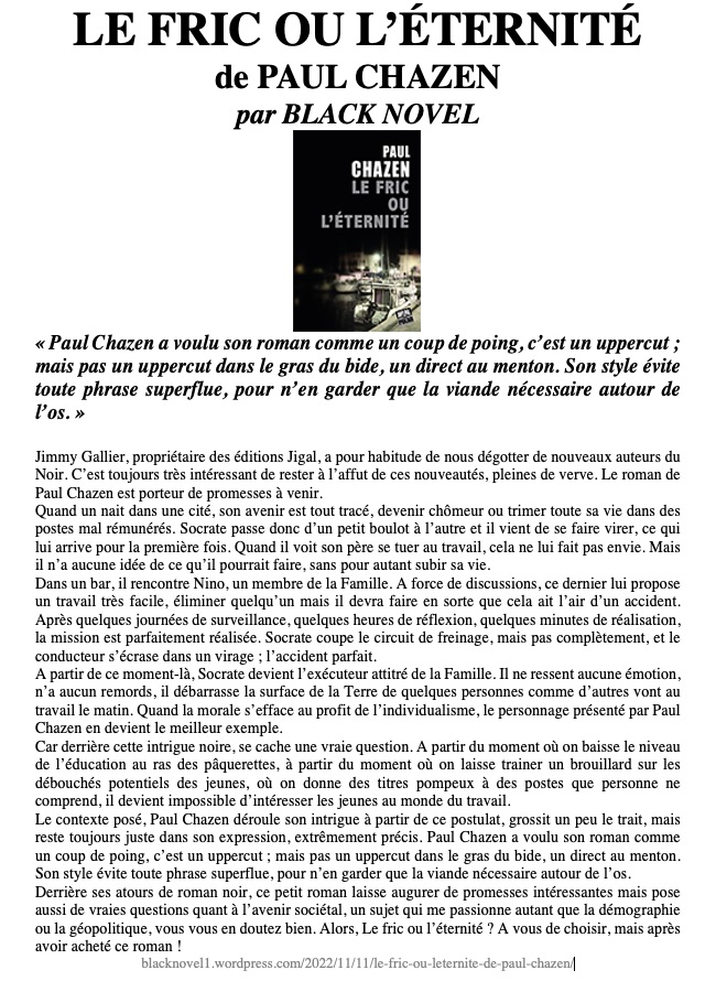 « Paul Chazen a voulu son roman comme un coup de poing, c’est un uppercut ; mais pas un uppercut dans le gras du bide, un direct au menton. »

LE FRIC OU L'ÉTERNITÉ de PAUL CHAZEN par BLACK NOVEL.