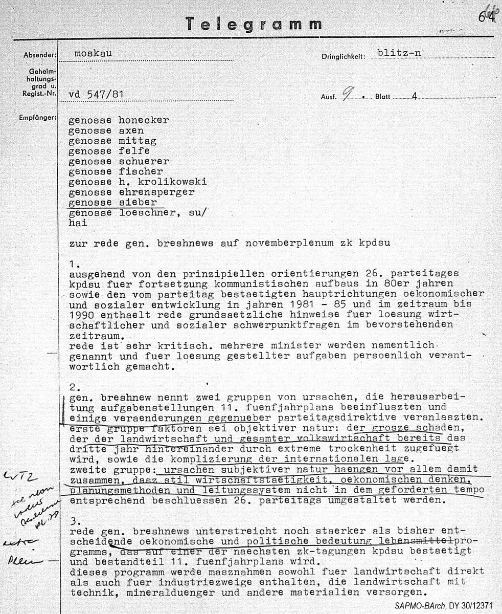 November 17 – 1981: Brezhnev assesses Soviet econ. problems: harvest failures for the 3rd year in a row (leading to ripple effects in the whole econ.) &amp; the complicated global situation. Basic criticism of the Soviet economic system occurs only under Gorbachev after 1985. #OTD