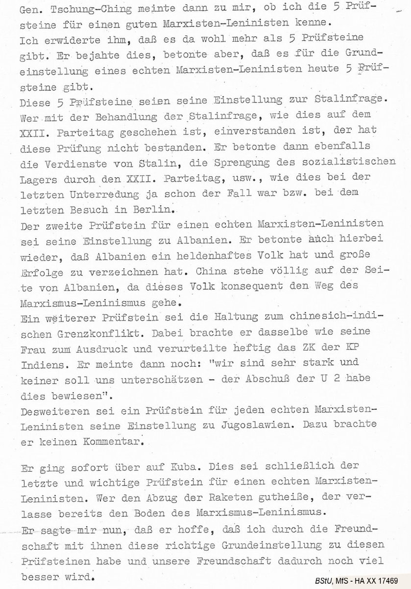 November 19 – 1962: A Stasi agent meets the PRC amb. to the GDR, who insists that a good Communist must pass 5 tests on: (1) Stalin, (2) Albania, (3) India (recent war), (4) Yugoslavia, &amp; (5) Cuba (=> recent crisis). China’s radicalization before the Cultural Rev. starts. #OTD