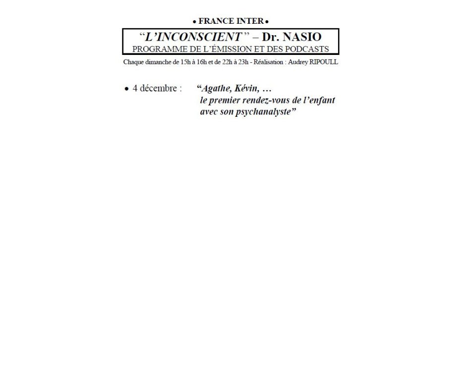 JDNasio's tweet image. Voici le nouveau programme des émissions "L'Inconscient" du Docteur J.-D. NASIO sur France Inter chaque dimanche
Vous pouvez également le télécharger ici bit.ly/3MgWLko
Retrouvez les podcasts déjà en ligne ici radiofrance.fr/francei.../pod…
#nasio #FranceInter #radiofrance