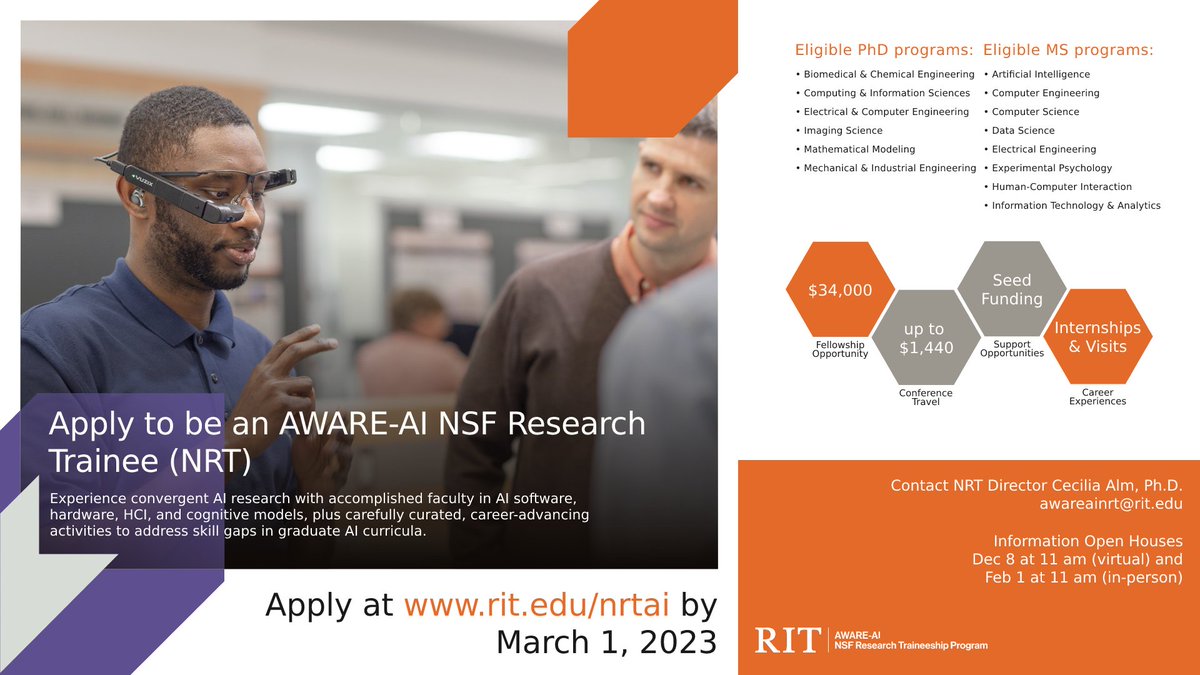 AWAREAINRT's tweet photo. The #AWAREAI @NSF Research Traineeship Program at @RITtigers is welcoming applications for AY 2023-24. Deadline: March 1, 2023.
Join our #NRTAI virtual (12/8, 11am) or in-person (2/1, 11am) open houses to learn more!
Apply: https://t.co/wYIm13SoHt Video: https://t.co/BAHLF8Kch0 https://t.co/cDhFuFoxK1