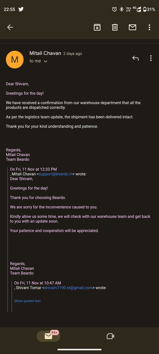 saviouro95's tweet photo. @BeardoForMen  I raised a complaint regarding missing items in my order beardo order of beard growth pro kit but the executive Mitali Chavan is saying that they will not be able to help me further as they have confirmed from the warehouse that all items are delivered #beardo https://t.co/6zIwlL1mXO