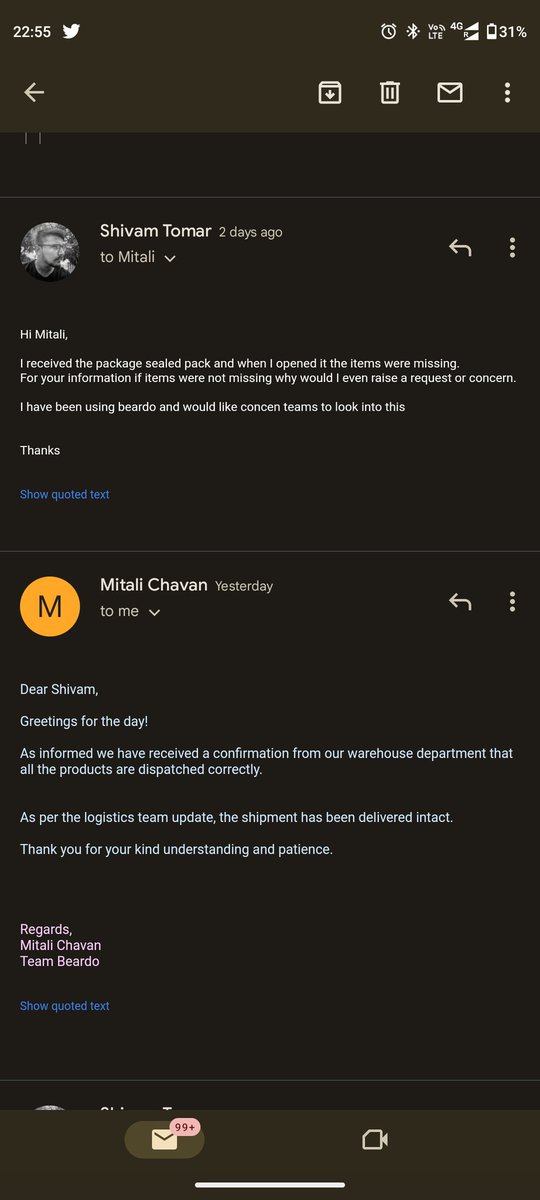 saviouro95's tweet photo. @BeardoForMen  I raised a complaint regarding missing items in my order beardo order of beard growth pro kit but the executive Mitali Chavan is saying that they will not be able to help me further as they have confirmed from the warehouse that all items are delivered #beardo https://t.co/6zIwlL1mXO