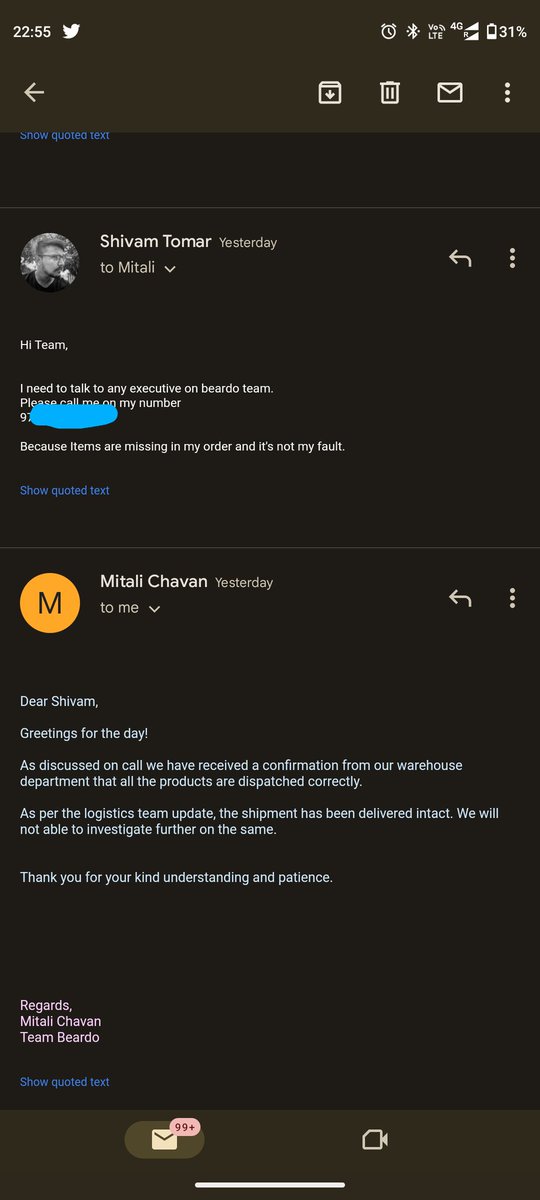 saviouro95's tweet photo. @BeardoForMen  I raised a complaint regarding missing items in my order beardo order of beard growth pro kit but the executive Mitali Chavan is saying that they will not be able to help me further as they have confirmed from the warehouse that all items are delivered #beardo https://t.co/6zIwlL1mXO