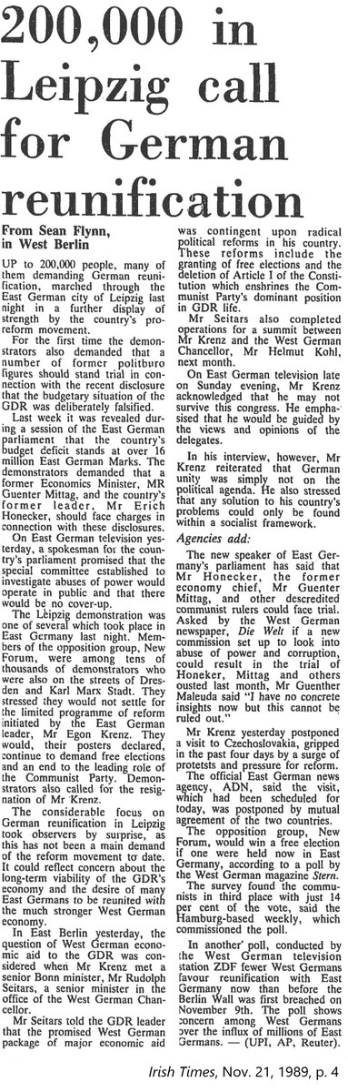 November 20 – 1989: Despite fast political change in the GDR since mid-October, mass demonstrations continue &amp; increasingly ditch slogans calling for reform of the GDR in favor of slogans calling for German reunification! #OTD