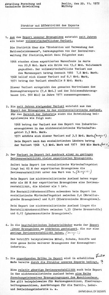 November 20 – 1972: A GDR analysis reveals the country loses money from exporting goods. This happens just as the GDR receives Western loans for the import of industrial facilities to produce export goods for hard currency! No wonder the GDR is almost bankrupt in the 1980s. #OTD