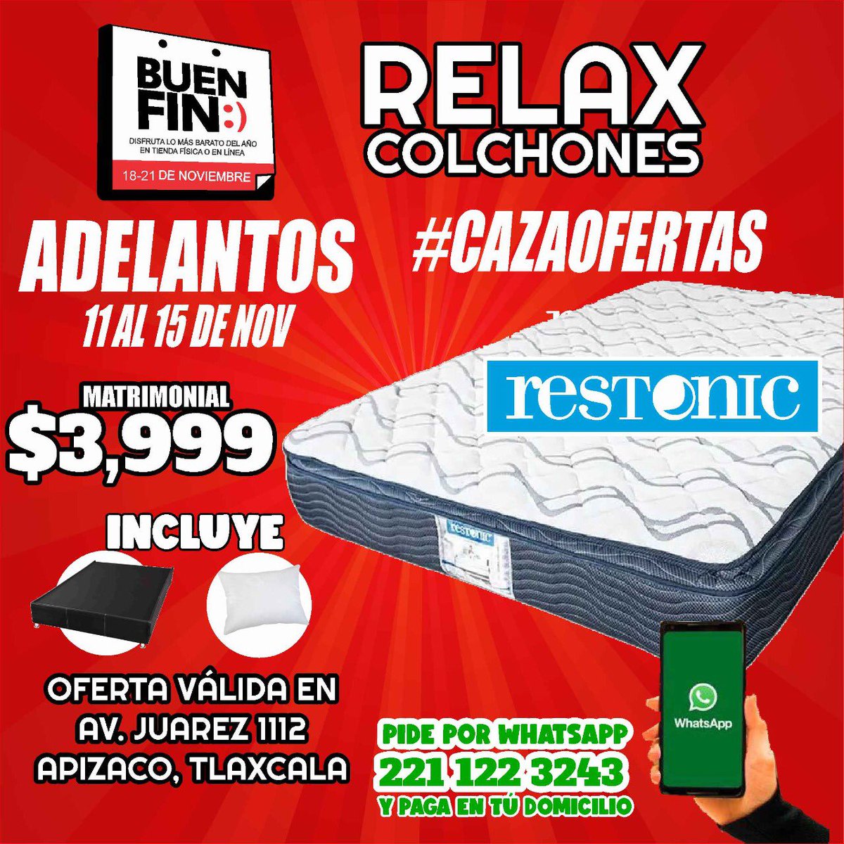 RelaxColchones's tweet photo. ๐จATENCIรN #CAZAOFERTAS ๐จ
Nos adelantamos con #OFERTAS del #BuenFin
๐ดCรณmodo y Agradable
๐คฉ 5 Aรฑos de Garantรญa
๐๐๐๐๐ค๐ง ๐๐ง๐๐๐๐ค๐
๐๐๐๐๐๐ก๐ค
Visรญtanos #Apizaco #Tlaxcala
*๐๐ณ๐ฆ๐ค๐ช๐ฐ ๐๐ฆ๐จ๐ถ๐ญ๐ข๐ณ: $4,809
#RelaxColchones #promocion #BuenFin2022 #colchon #Restonic https://t.co/ihL2uRF2eX