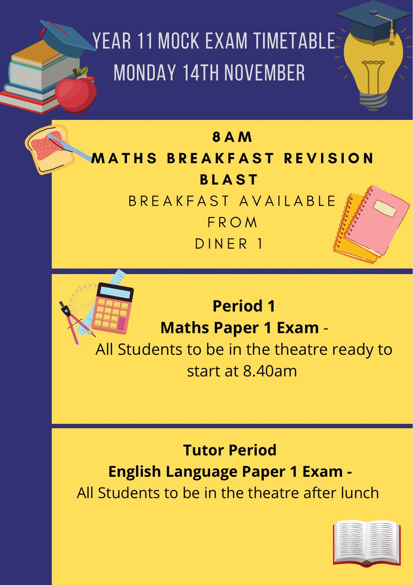 🌟🌟 Year 11! Wishing you good luck for the the start of mock exams tomorrow! Don’t forget <a href="/MoretonMaths/">Moreton Maths</a> revision breakfast blast at 8am! See below for the timetable! Remember we all believe in you! <a href="/AHSMrsHardwick/">Mrs Hardwick</a> @MoretonSchool 🌟🌟