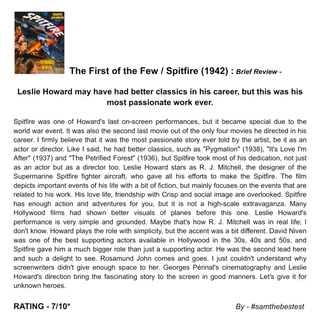 SAMTHEBESTEST_'s tweet photo. Watched #TheFirstOfTheFew / #Spitfire (1942) :
Leslie Howard may have had better classics in his career, but this was his most passionate work ever.
RATING - 7/10*
#lesliehoward #davidniven #rosamundjohn #rolandculver #annefirth #davidhorne #rjmitchell #derrickdemarney https://t.co/t4aj3Eqapi
