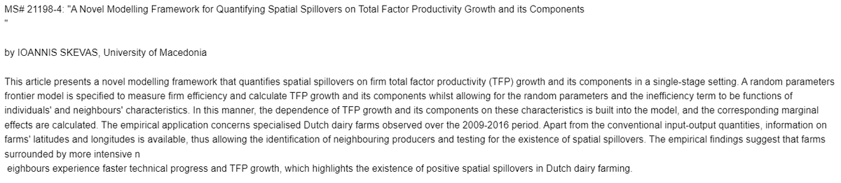 AJAE_AAEA's tweet photo. Forthcoming in the AJAE: "A Novel Modelling Framework for Quantifying Spatial Spillovers on Total Factor Productivity Growth and its Components," by Ioannis Skevas https://t.co/juSJ5qvUSR