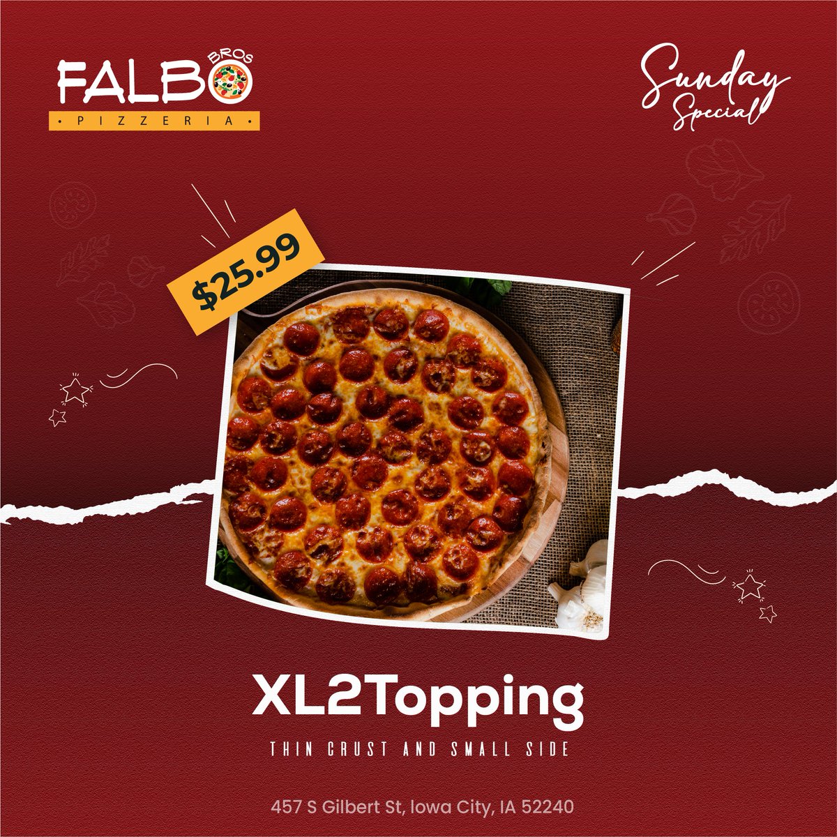 realFalbosIC's tweet photo. Make Sunday a funday with Falbos! We make it awesome by offering an XL 2 topping thin crust with any small side at just $25.99.
https://t.co/qD1K48OlMW

#SundaySpecial #XL2Toppings #OrderOnline #SpecialDiscount #Iowacity #FalboBros #ThinCrust https://t.co/Ppm3UiODBq