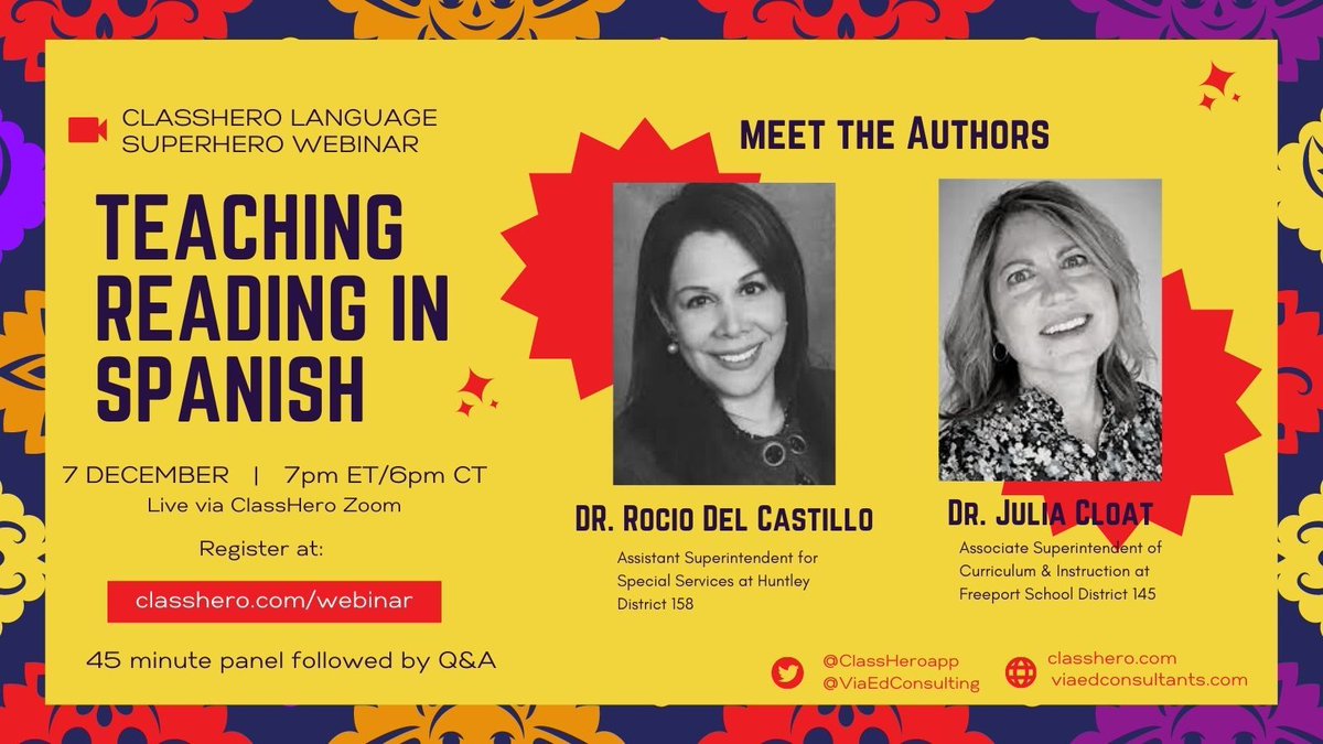 Have questions about Teaching Reading in Spanish? Interested in language? Please join us for this Free Webinar, Presented by @ClassHeroapp and <a href="/ViaEdConsulting/">Via Educational Consulting</a> !
Wednesday, December 7 at 7pm ET/6pm CT
Register at: classhero.com/webinar