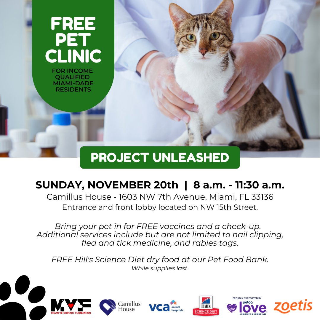 CamillusHouse's tweet photo. Spread the word: Next Sunday, Nov 20 from 8am - 11:30am at Camillus House is the next pet clinic with FREE check-ups, pet meds, pet food, vaccinations and more for cats & dogs from low income Miami families.
#ProjectUnleashed #MiamiPets #MVF #CamillusCares https://t.co/wbWIx0KxXc