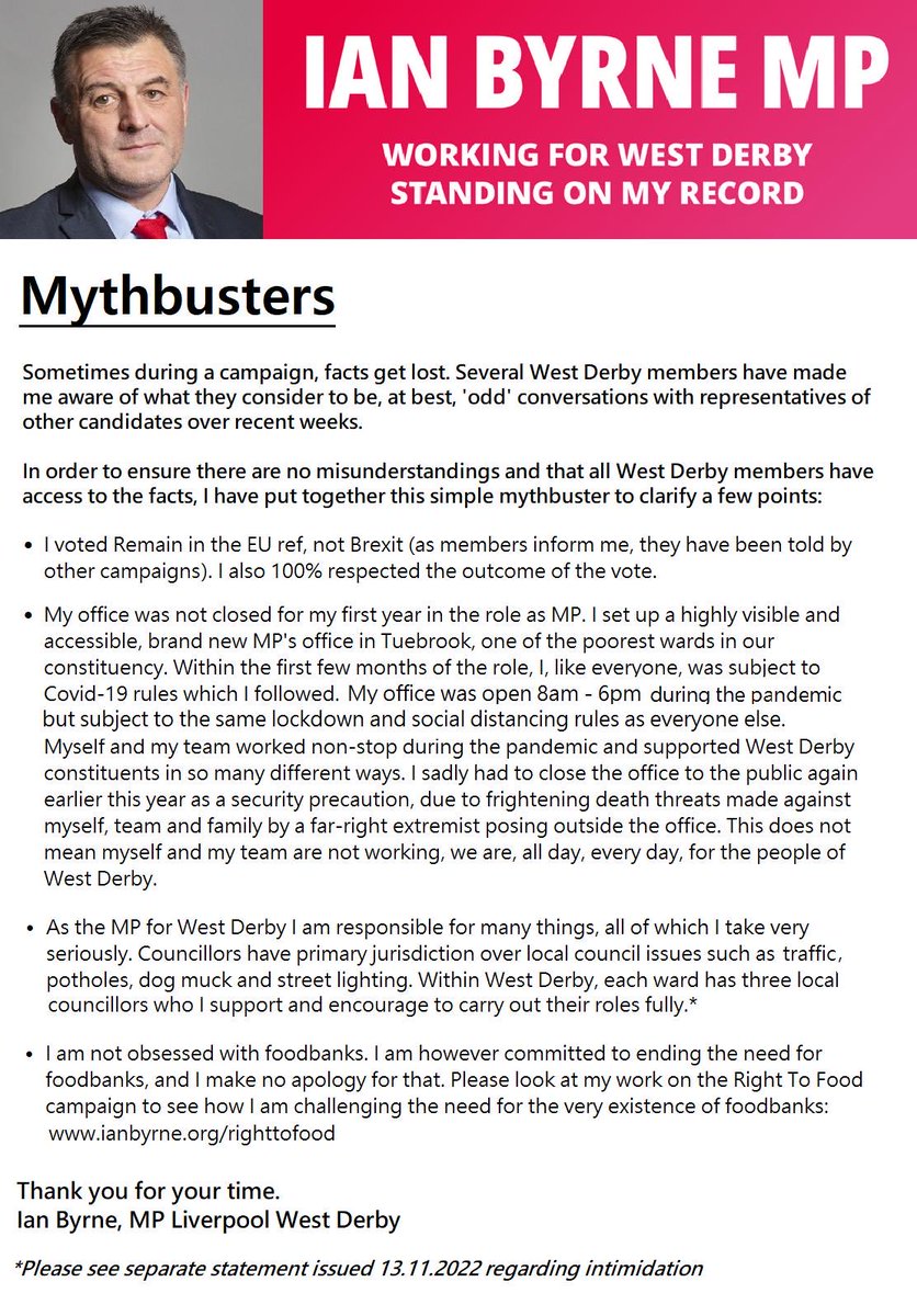 IanByrneMP's tweet image. In a campaign in which I am saddened to say, fair play and integrity have not always been apparent, I find myself needing to put out this information to clarify a few things for West Derby members. I would much prefer to be concentrating on hold the Tories to account: