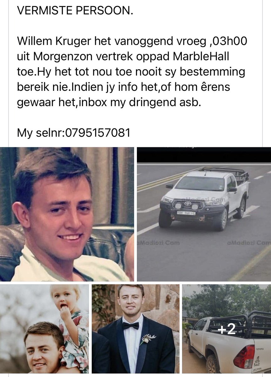 #MissingPerson please share !! 

He was driving from Ermelo area (Morgenzon) back to Marble Hall and never arrived at his destination.