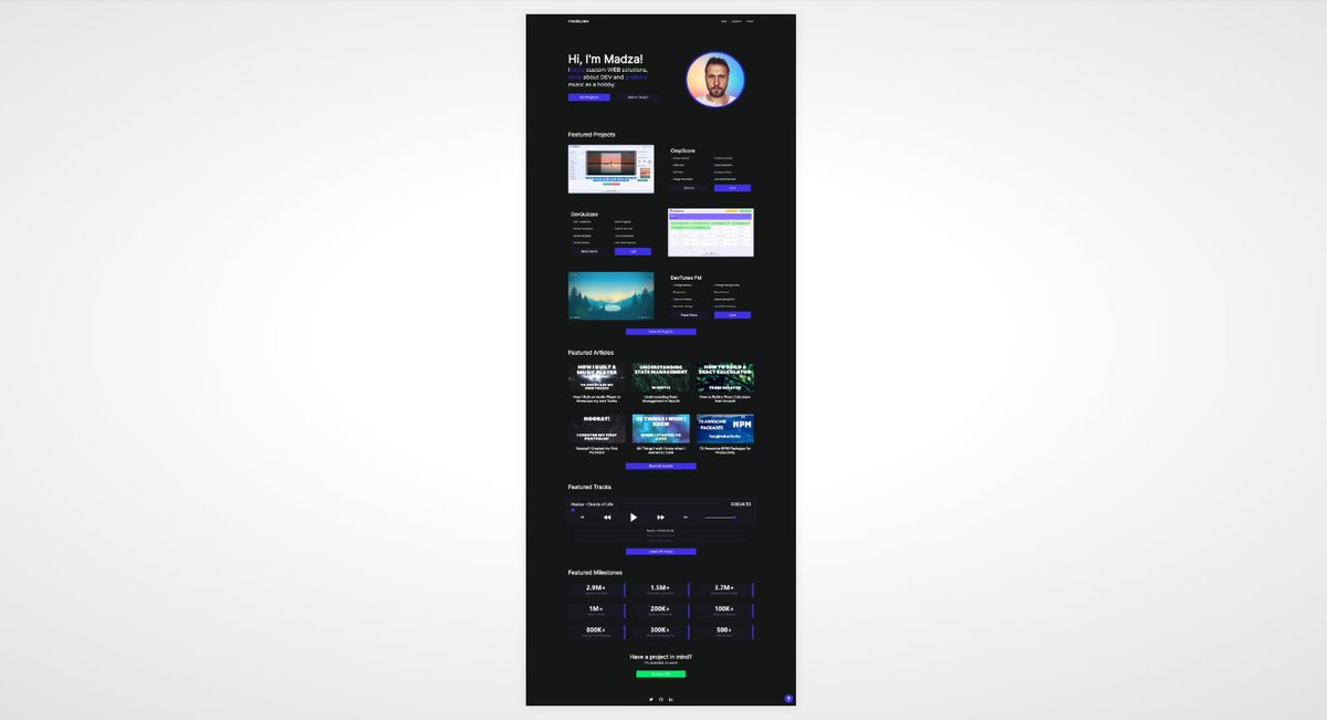 Just updated the landing page of my portfolio 😉✨

It now includes highlights about me, projects, articles, tracks, milestones, and a contact form 🧑‍💻💯

Now deployed live: madza.dev 🎉🥳