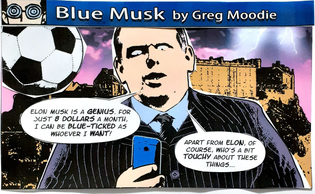 gregmoodie's tweet photo. In tomorrow's comic strip, Douglas Ross is delighted about the easing of blue-tick verification on Twitter - for now. Tune in at 9am and expect parody accounts aplenty. #blueTick #MuskVerified https://t.co/3mBps1GU6O
