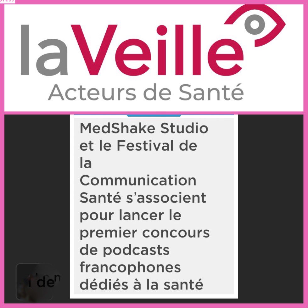 Festival de la Communication Santé (@festicomsante) on Twitter photo Merci <a href="/VeilleActSante/">La Veille Acteurs de Santé</a> de s’être fait l’écho du 1er concours du #podcast #sante #francophone que le #festicomsante lance avec <a href="/medshakestudio/">MedShake Studio</a>
Remise des prix le 9 février et en attendant à vos dossiers !
=> toute-la.veille-acteurs-sante.fr/200557/medshak…
🙏🏻<a href="/NRatel/">Nathalie Ratel</a> <a href="/renaudegas/">Renaud Degas</a> Merci <a href="/VeilleActSante/">La Veille Acteurs de Santé</a> de s’être fait l’écho du 1er concours du #podcast #sante #francophone que le #festicomsante lance avec <a href="/medshakestudio/">MedShake Studio</a>
Remise des prix le 9 février et en attendant à vos dossiers !
=> toute-la.veille-acteurs-sante.fr/200557/medshak…
🙏🏻<a href="/NRatel/">Nathalie Ratel</a> <a href="/renaudegas/">Renaud Degas</a>